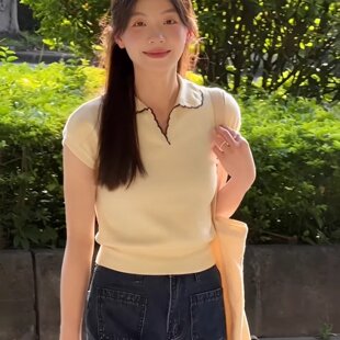 冰丝针织短袖 设计感小众 新款 韩系极简穿搭polo领上衣女夏季