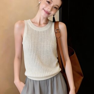 杏色针织冰丝无袖 美背短款 外穿t恤上衣薄款 小吊带背心内搭女夏季