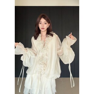 连衣裙女时尚 荷叶边白色短裙子 米白色米花朵灯笼袖 法式