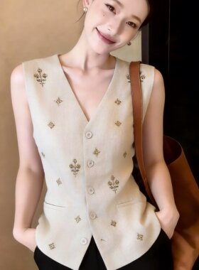 老钱风钉珠原麻色亚麻v领马甲女2025年夏季新款时髦气质无袖上衣