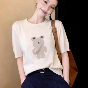 设计感小众冰丝针织短款 上衣 t恤女夏季 韩系杏色小熊印花正肩短袖