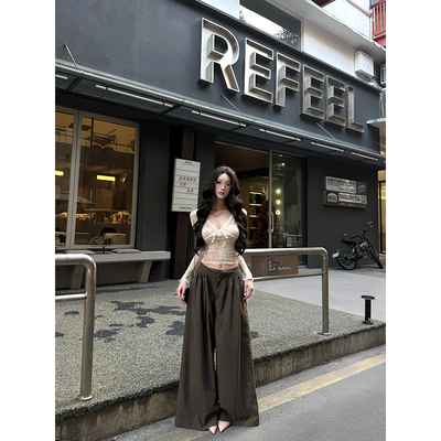 垂感高腰设计感压褶阔腿裤女