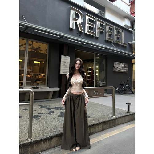 垂感高腰设计感压褶阔腿裤女