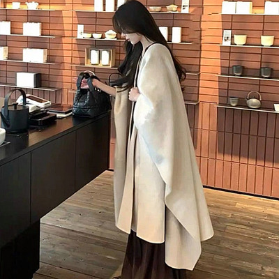 秋冬新款高端披肩大衣宽松斗篷式长款双面毛呢大衣外套