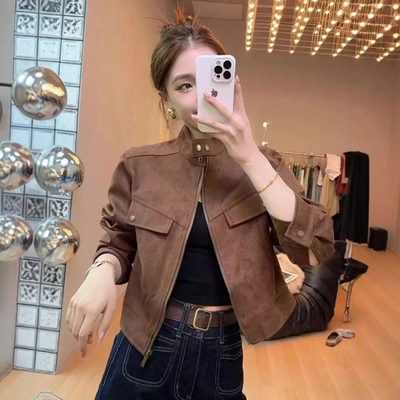 短款小个子仿麂皮绒外套女春秋新款韩版修身显瘦立领休闲夹克上衣
