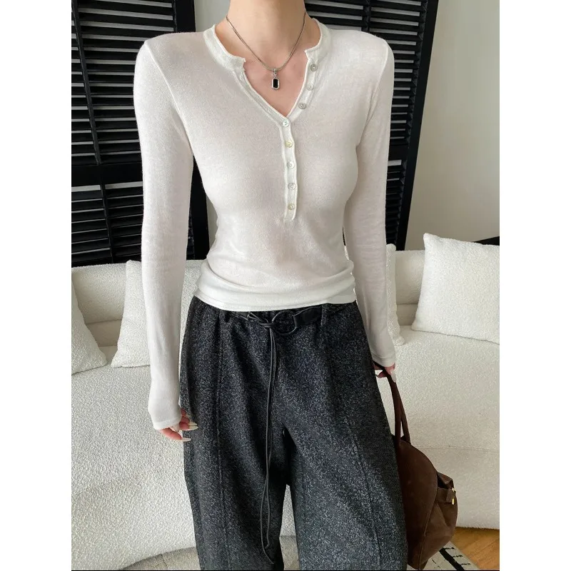 司南 万搭淡人 纽扣半开襟正肩修身显瘦亨利领针织衫打底 SN8454