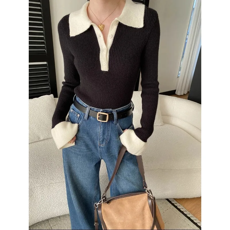 司南 摩登腔调 撞色POLO翻领喇叭袖修身显瘦打底针织衫 SN8440