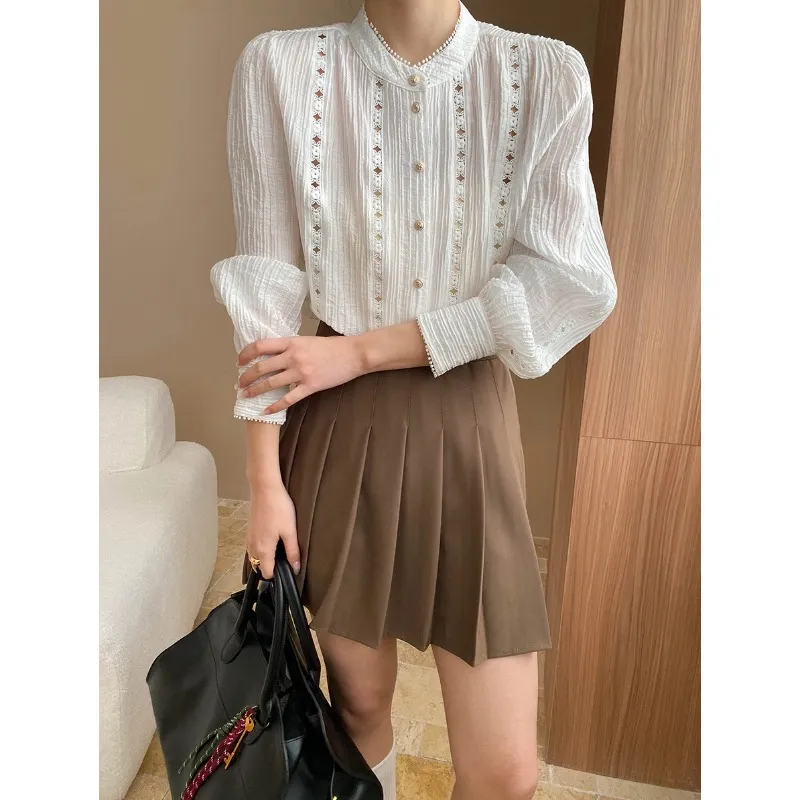 司南 早秋新款 天丝混纺宫廷风镂空刺绣小立领灯笼袖衬衫 SN7153