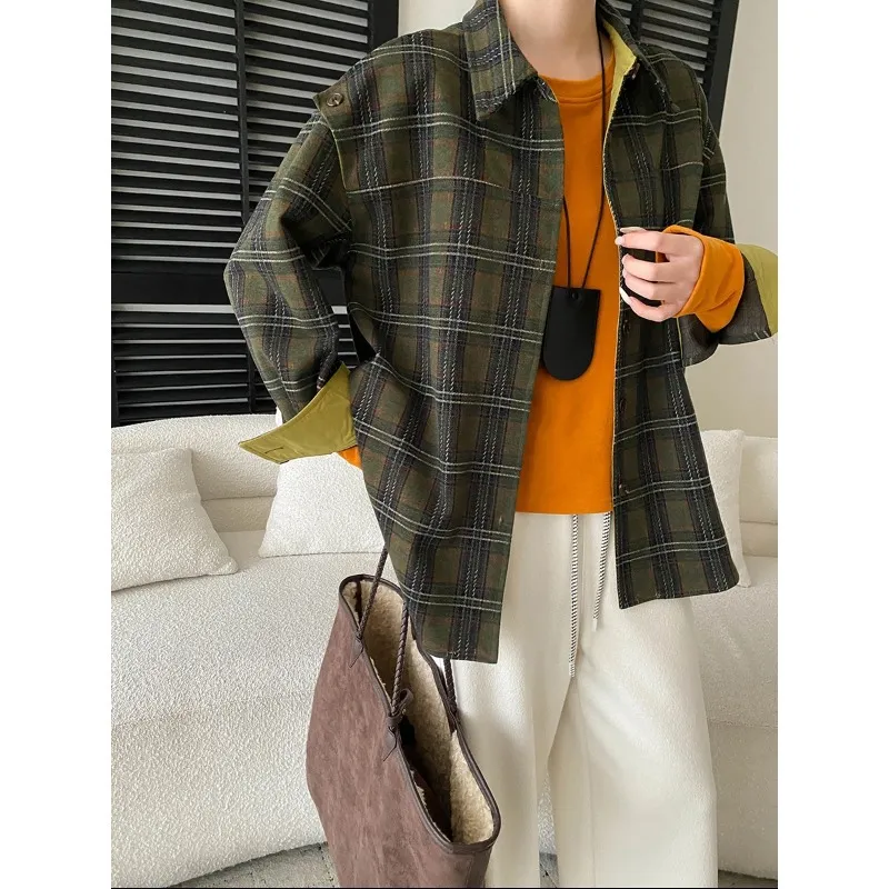 司南 慵懒格调 美式复古撞色格纹设计感翻领宽松长袖衬衫 SN8383