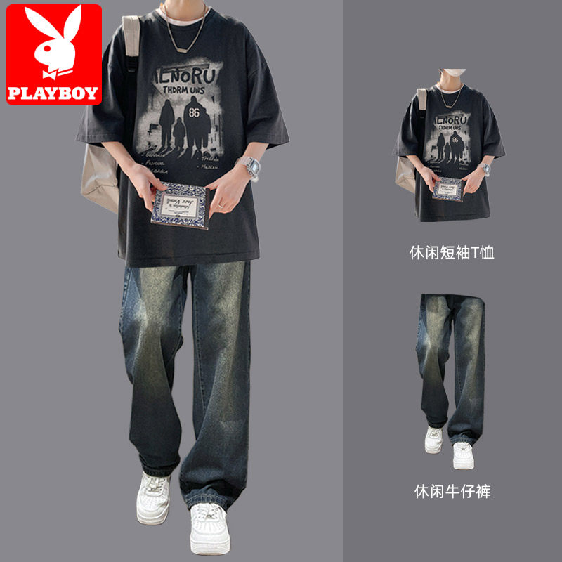 花花公子短袖t恤男款夏季宽松圆领半袖搭配一套衣服潮牌休闲套装