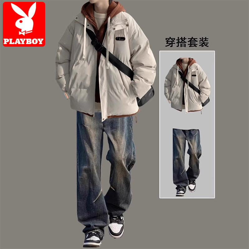 花花公子棉服男士冬季套装加厚潮牌痞帅撞色面包服休闲搭配一整套