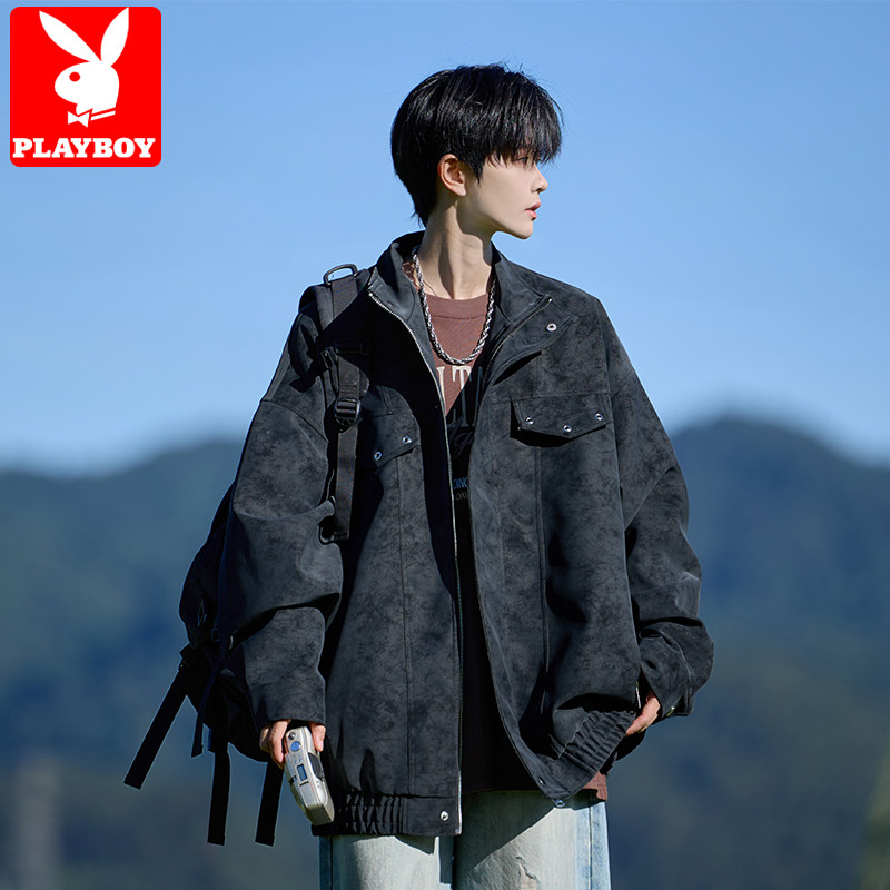 花花公子皮衣外套男春秋季美式扎染宽松潮牌工装翻领休闲PU皮夹克