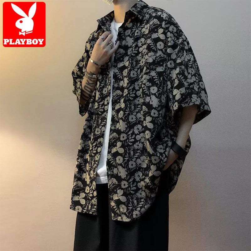花花公子碎花衬衫男短袖夏季美式复古宽松高级感休闲冰丝衬衣外套