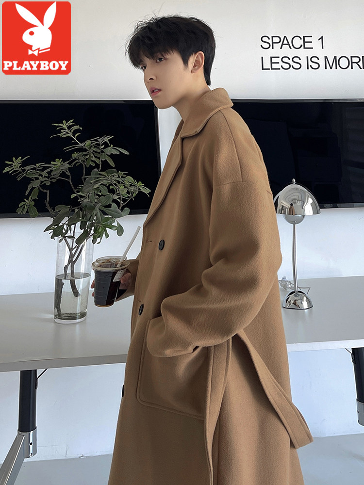 플레이보이 남학생용 검은색 모직 코트 가을 겨울 중간 길이의 무릎 위 코트 고급 두꺼운 코트