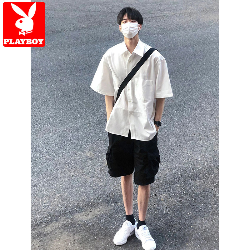 花花公子冰丝衬衫男士短袖夏季潮牌日系白衬衣高级感休闲套装夏装