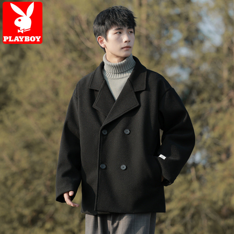 花花公子短款毛呢外套男秋冬季加厚加棉青少年潮牌西装领呢子夹克