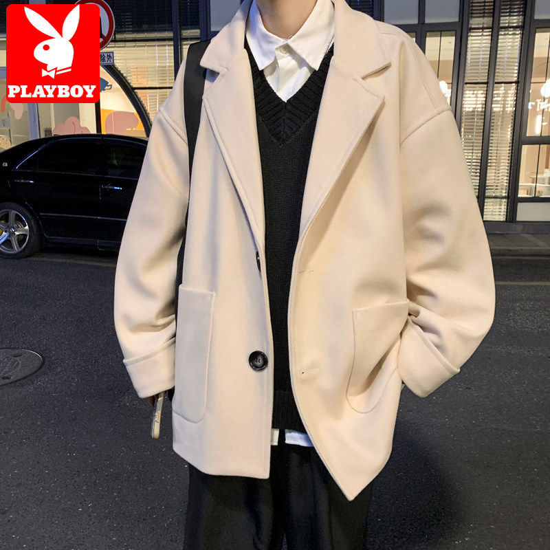 花花公子毛呢大衣男秋冬季高级感青少年短款日系休闲西装呢子外套