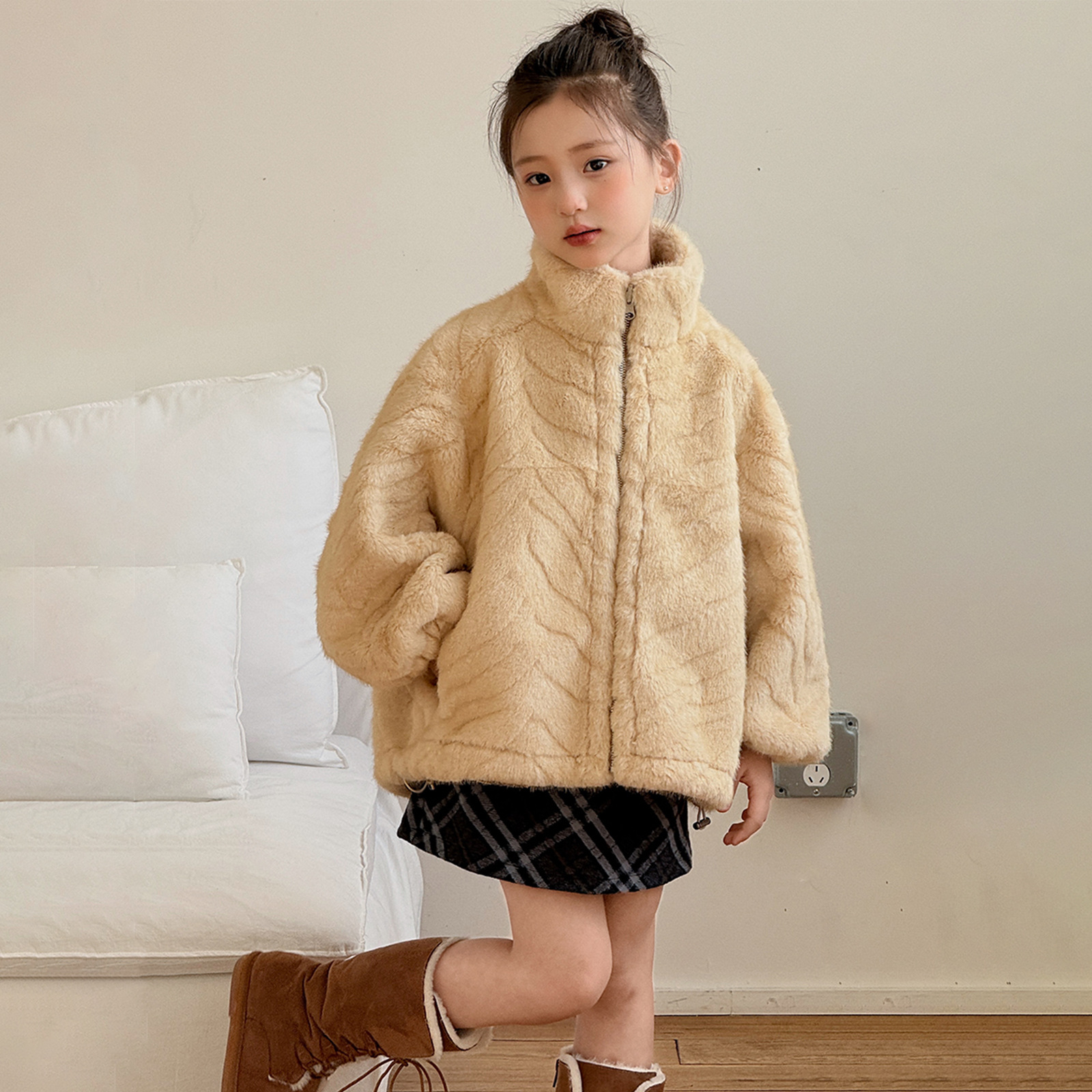 女童仿水貂绒立领皮草外套冬装
