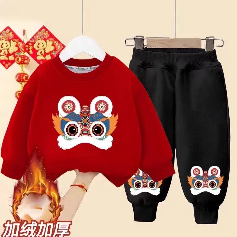 男女童一体绒红色卫衣过年喜庆红两件套儿童宝宝新年红拜年服套装