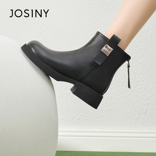 Josiny/卓诗尼2025新款时尚百搭粗跟短筒靴女高级感设计短靴