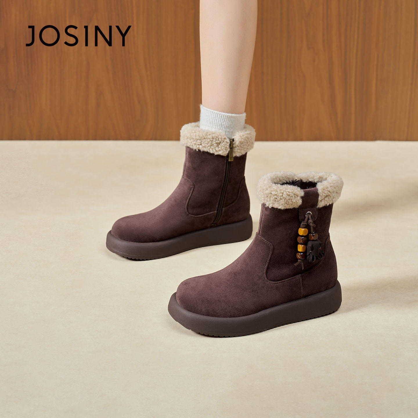 加绒短靴保暖百搭深棕色冬季厚底