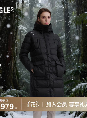 AIGLE艾高女士羽绒服黑色长款户外防泼水羽绒衣保暖冬季鹅绒外套