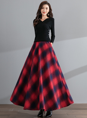 蕗依秋冬女半身高腰a字大摆格子中长款广场新疆舞加厚保暖透气