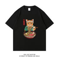 A trendy Japanese retro ramen cat print short-sleeved T-shirt for men, made of pure cotton, loose, large-sized, casual, round-neck, half-sleeved thumbnail 2