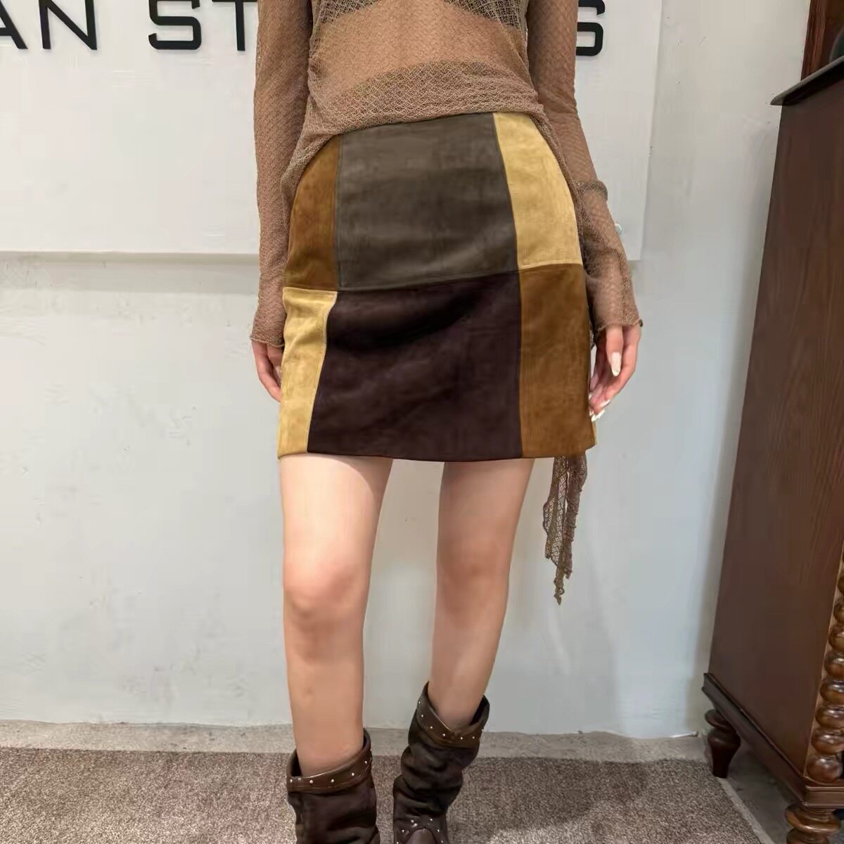 高端复古拼色块格半身裙女2026秋季高腰设计感时尚百搭短款裙子