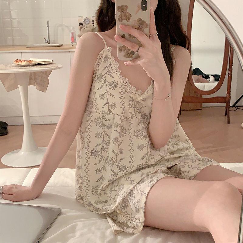 纯欲碎花吊带胸垫睡衣女短裤夏季梭织棉长裤向日葵家居服三件套装