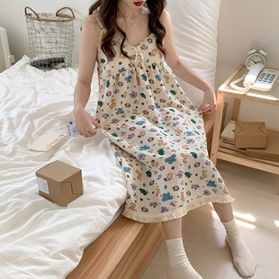 甜美可爱薄款 纯欲风吊带睡裙女夏季 性感花边带胸垫梭织棉流苏睡衣