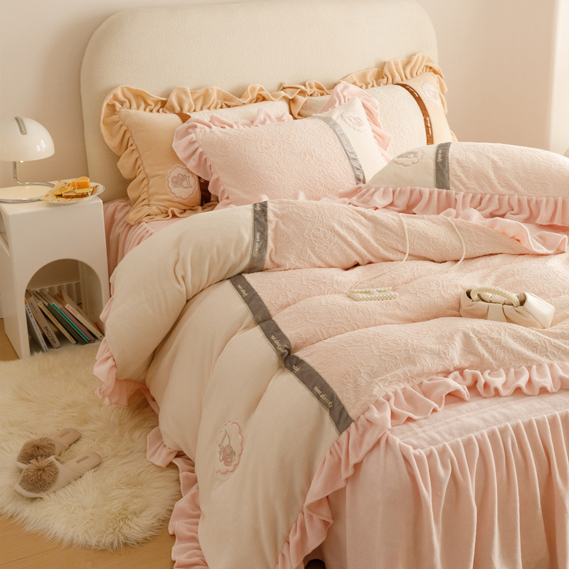 高端四件套床裙款牛奶绒2026新款公主风冬天毛绒被套双面绒奶茶色