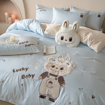 蓝色卡通刺绣儿童四件套全棉纯棉