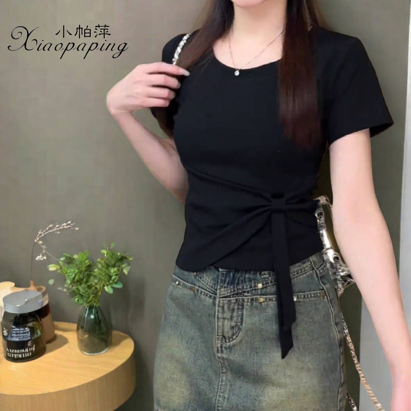 夏季新款 棉圆领短袖t恤女不规则设计感绑带显瘦小众短款百搭上衣