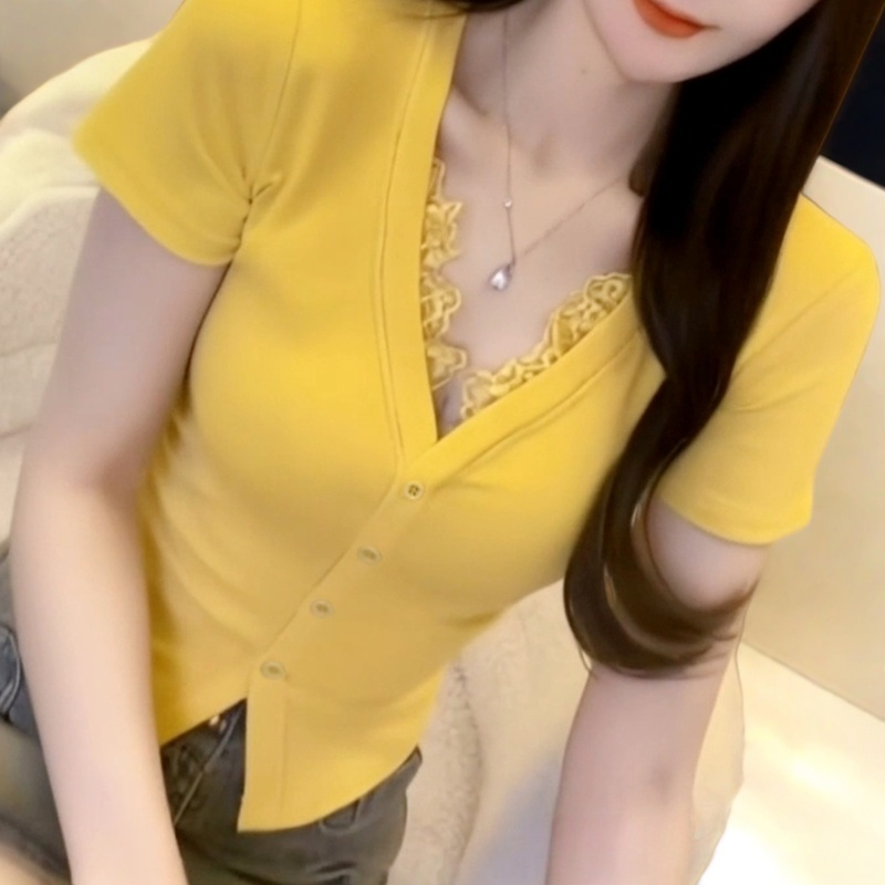夏季螺纹棉蕾丝拼接短袖女T恤女性感内搭女款爆款纽扣修身显瘦