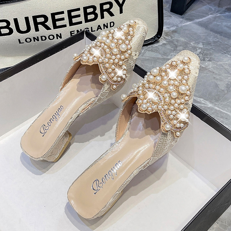 气质国风包头蕾丝婚鞋平底尖头半拖鞋女夏凉拖鞋珍珠水钻鞋懒人拖,女鞋,包头拖,淘宝优惠券,粉丝福利购,淘宝优惠卷