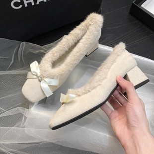 高跟鞋 新中式 小个子温柔毛毛鞋 女2025秋冬新款 国风粗跟配旗袍单鞋