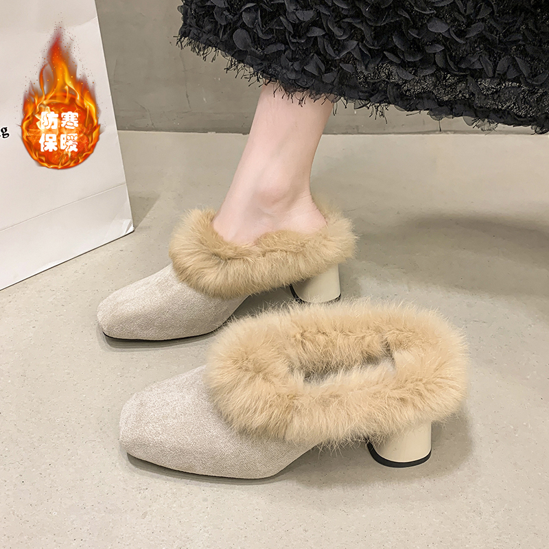 毛毛拖鞋女外穿高跟鞋秋冬