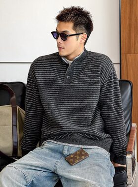 IMCC设计感小众立领兔毛绒条纹套头卫衣女冬宽松百搭加厚上衣外套