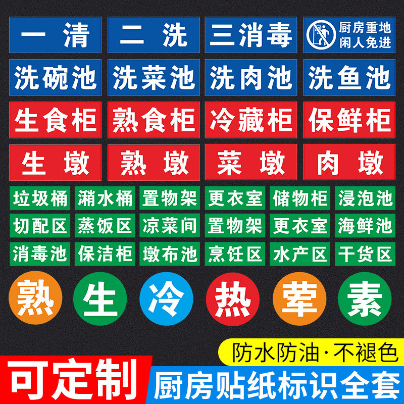 厨房标识贴纸一清二洗三消毒