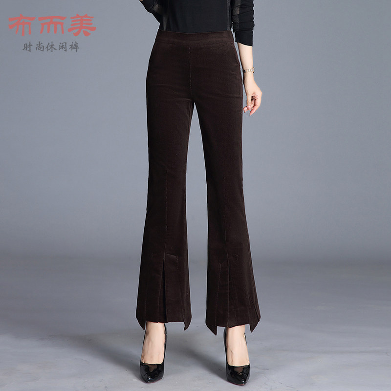 灯芯绒女裤小个子春秋2023新款高腰显瘦条绒九分裤微喇叭休闲裤子