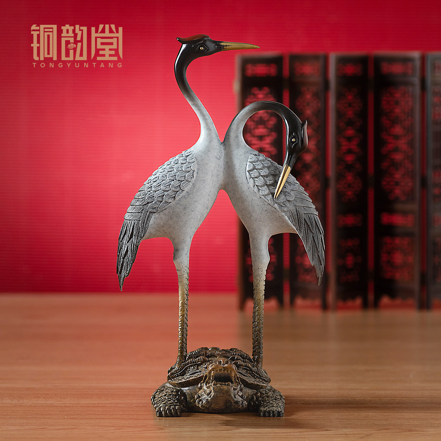 铜仙鹤摆件仿古青铜双喜龟鹤中式家居客厅落地装饰送老人祝寿贺礼