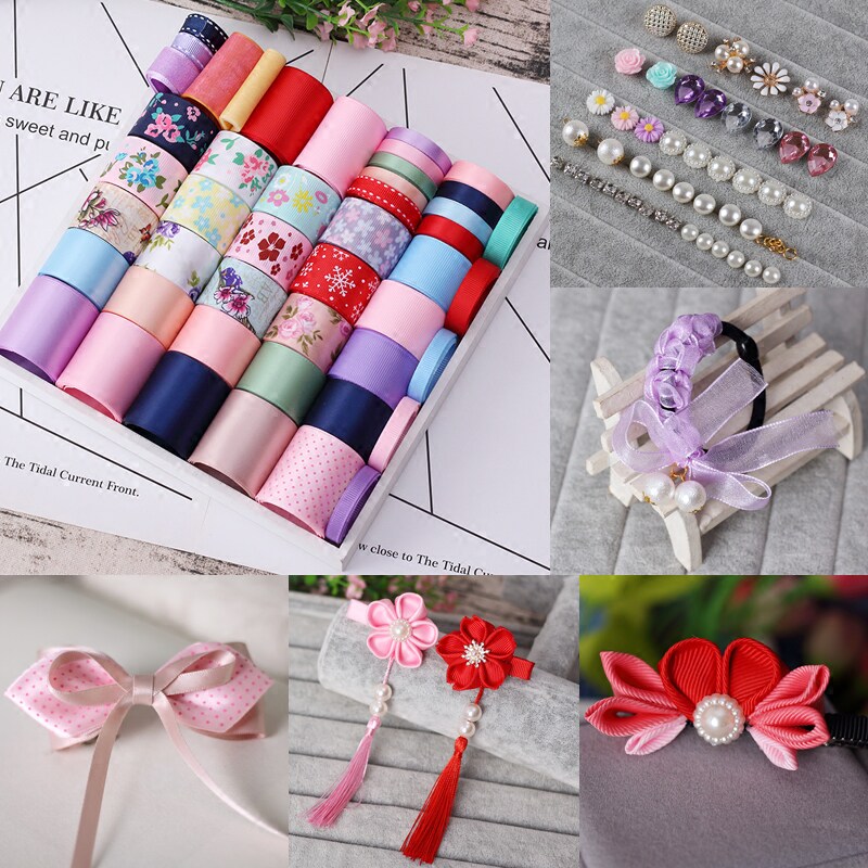 自制粉红花草系发饰材料包 手工diy蝴蝶结头饰和风发夹丝带套装