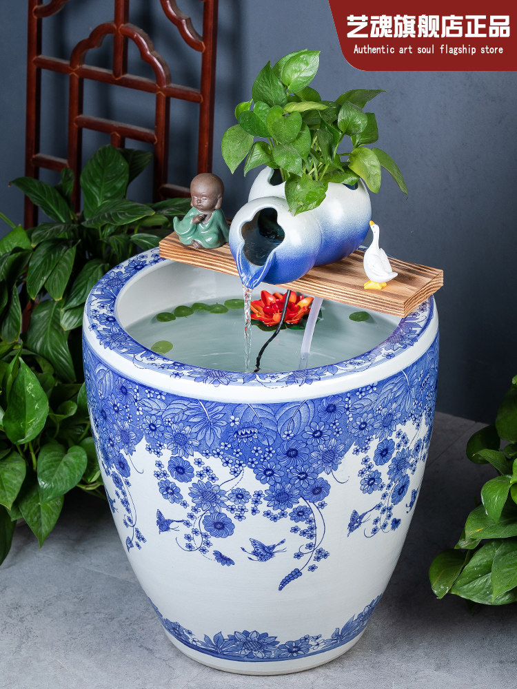 景德镇青花庭院循环流水鱼缸客厅陶瓷古法水缸陶罐加高缸锦鲤缸
