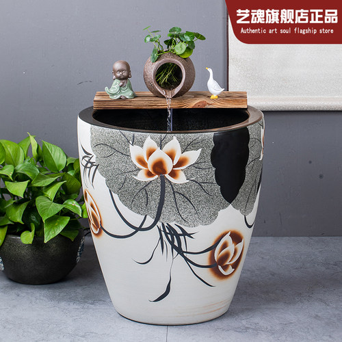 加高陶瓷大缸古法养鱼缸客厅阳台金鱼缸陶罐循环流水造景老式水缸