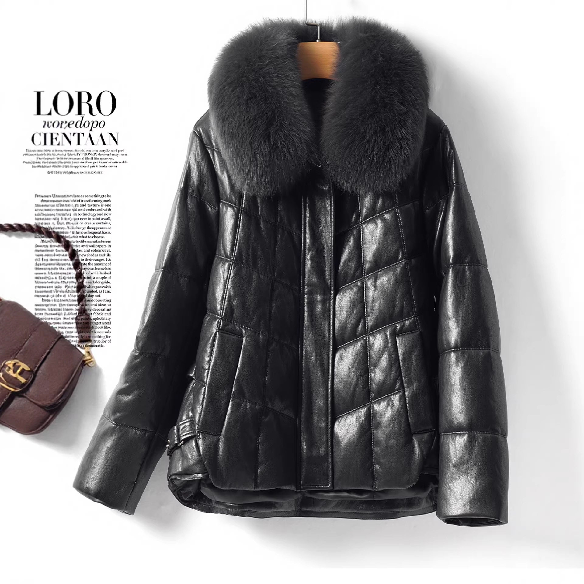 皮衣女真皮外套中长款黑色系带韩版水貂毛领海宁新款绵羊皮羽绒服
