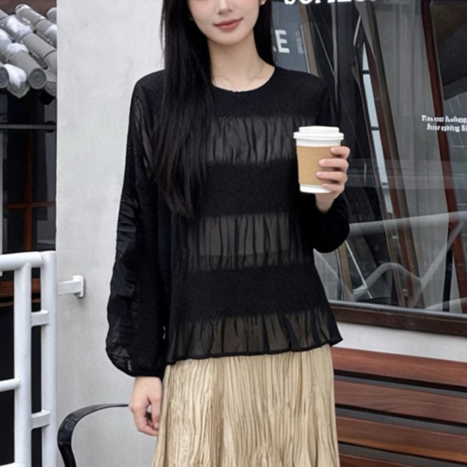 设计感褶皱长袖t恤女薄款2026年新品女装套头防晒衫薄款宽松上衣