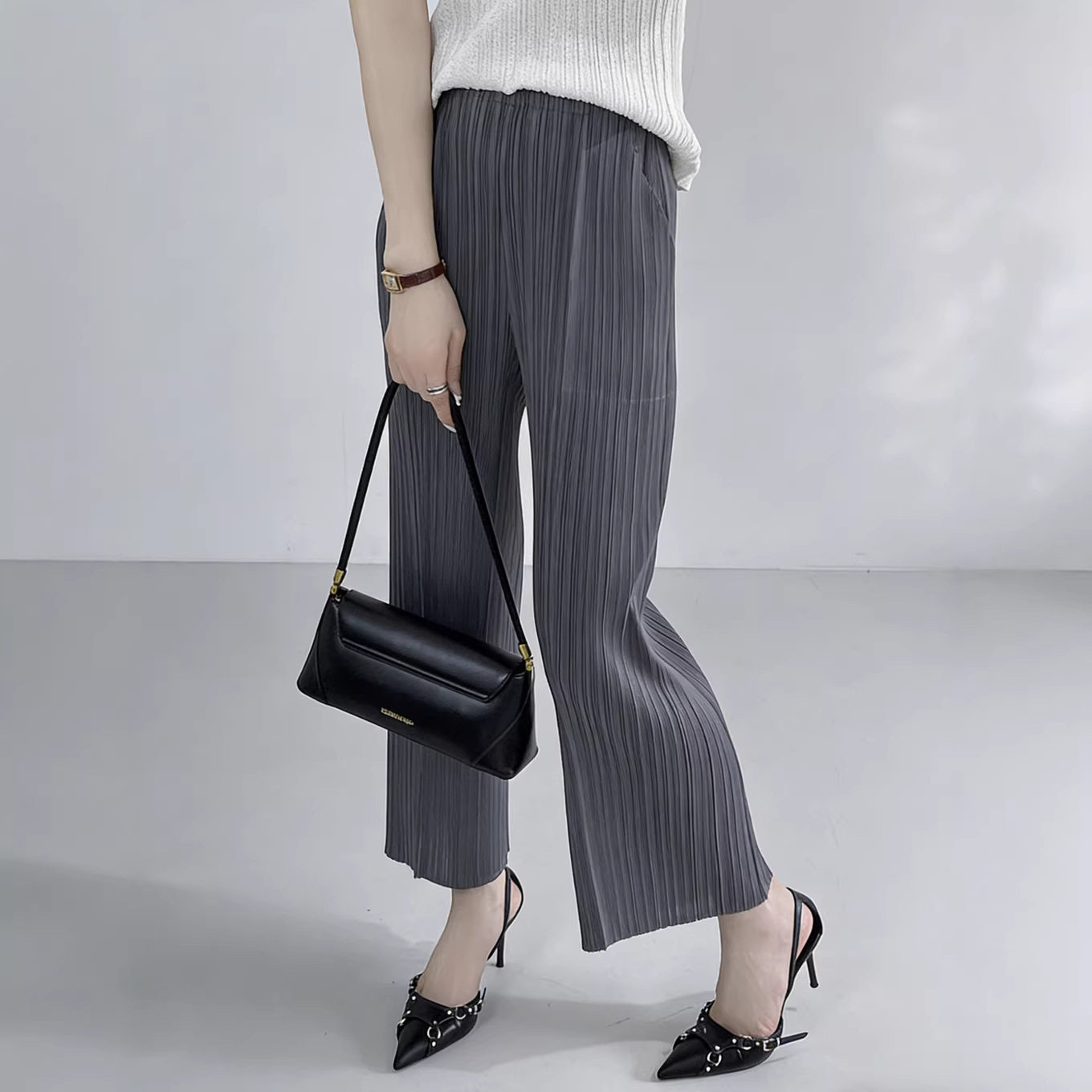 三宅裤子女款春夏松紧腰宽松直筒裤通勤百搭九分裤简约显瘦休闲裤