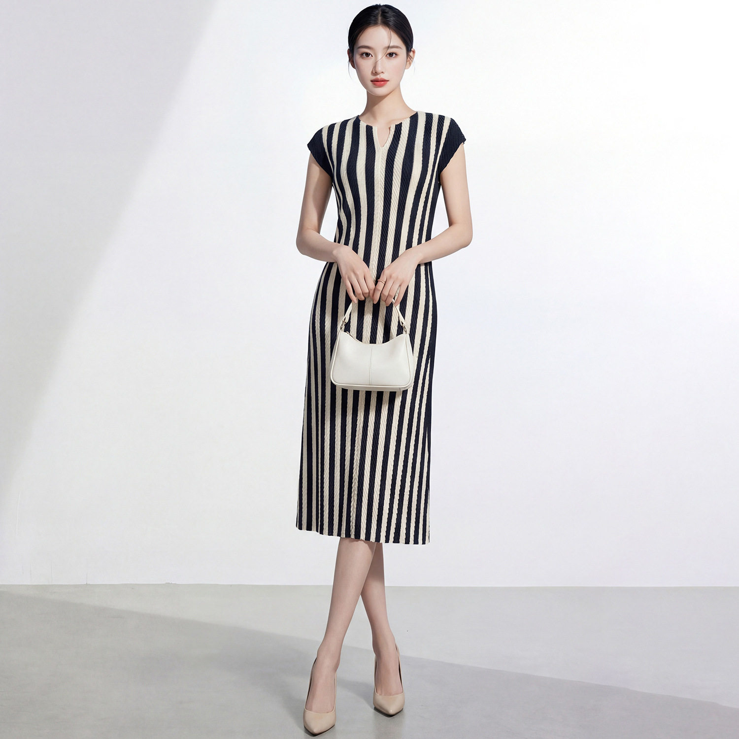 三宅风连衣裙女夏感宽松显瘦条纹休闲百搭质感轻熟风中长裙子时尚
