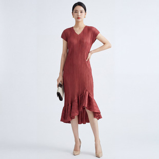 三宅夏季高端褶皱名媛小众设计感宽松不规则鱼尾礼服裙时尚连衣裙